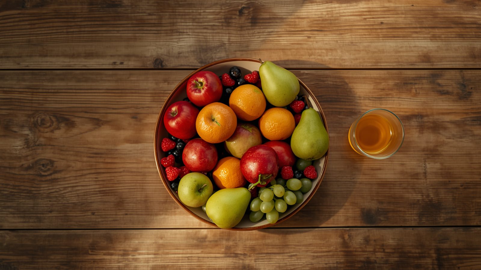 Overhead view of a bowl of whole apples, oranges, pears, grapes and berries on a wooden table beside a small glass of fruit juice